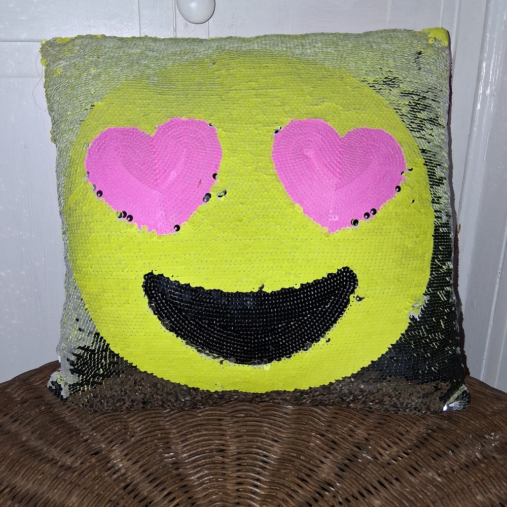 Sequin Emoji Pillow with Heart Eyes